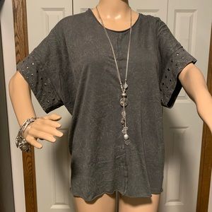 Ladies light, loose tunic, short sleeve with metal studs Slate colored, size M